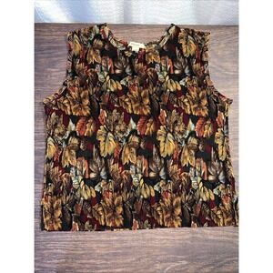 Vintage Plisse Women's 1X Crinkle Pleated Top Sleeveless Leaves Design Y2K